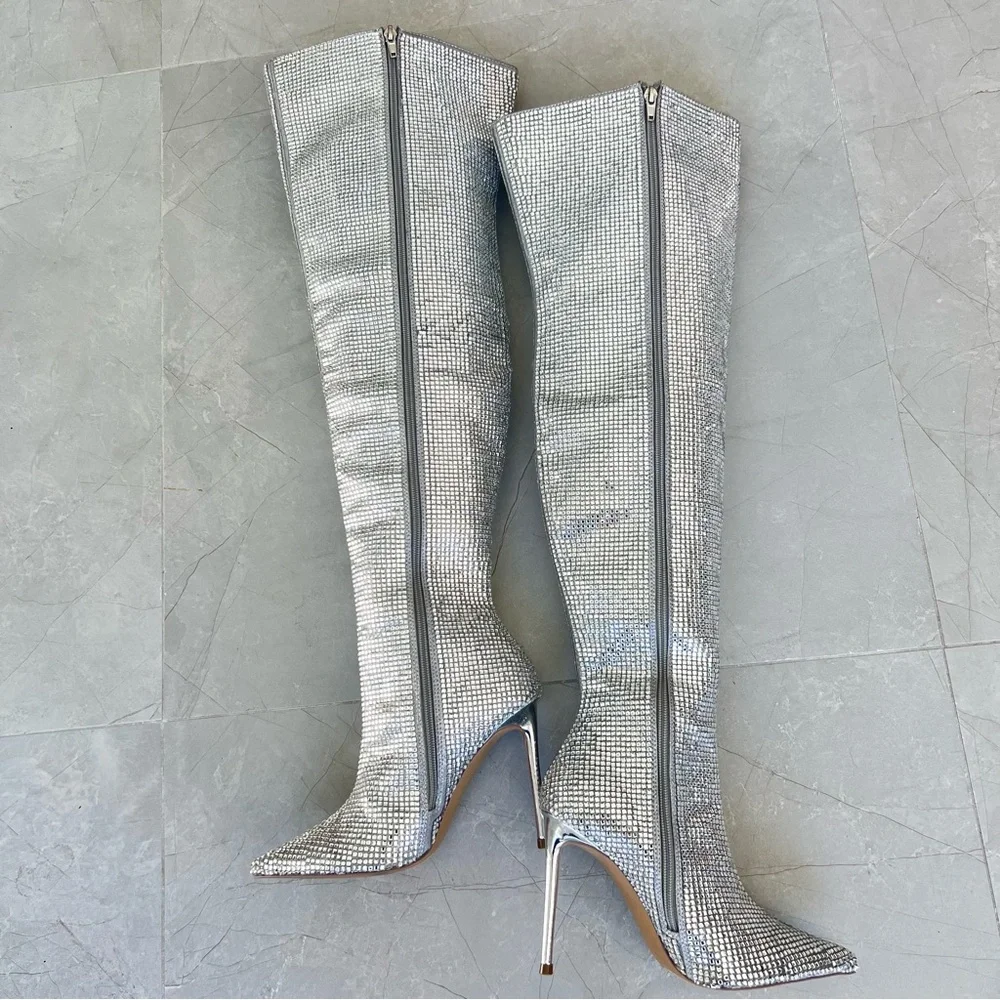 STEVE MADDEN Skyscraper Rhinestone Bling Silver Over The Knee Heels Boots Sz 6.5